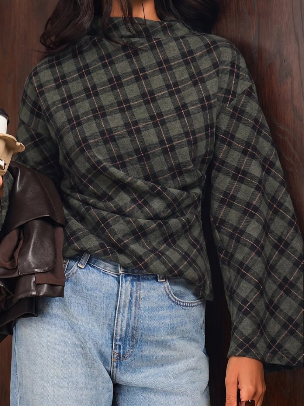 Army Green Casual Women's Plaid Long Sleeve Shirt